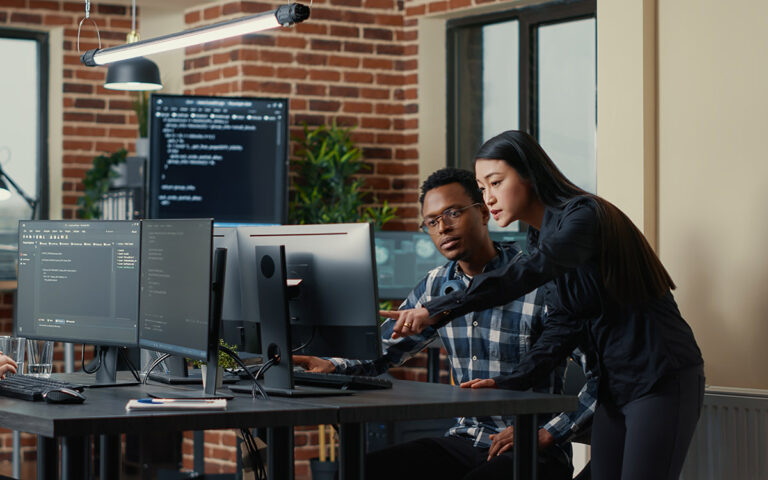 Two software developers with coding interface